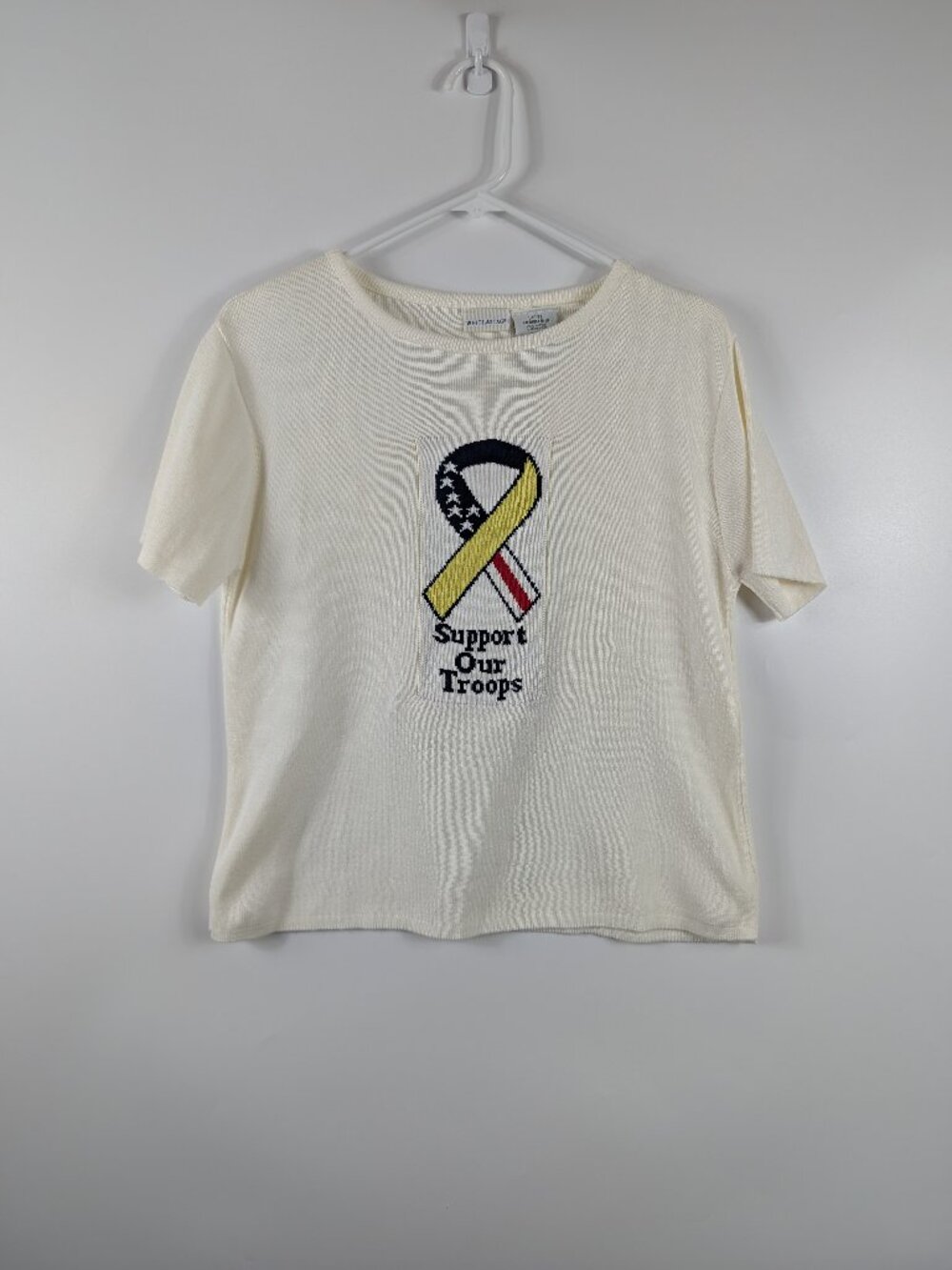 VTG White Stag "Support Our Troops" Yellow Ribbon Short Sleeve Sweater